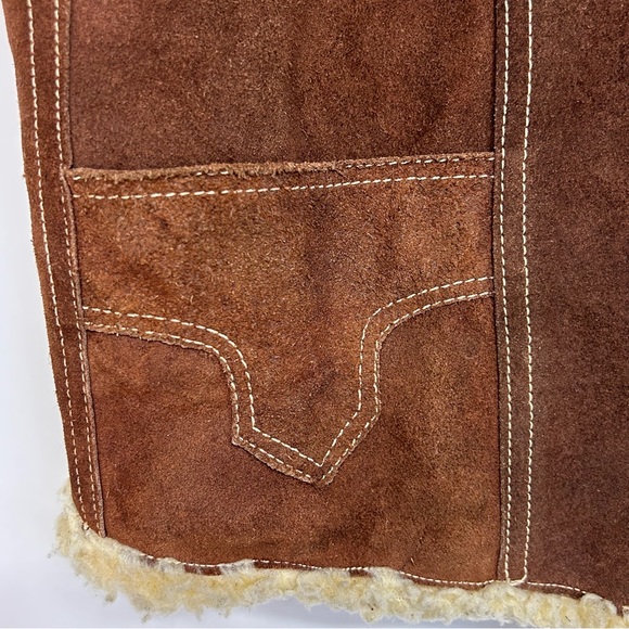 Vintage Genuine Suede Leather Faux Sherpa Vest Snaps Pockets Brown Unisex Large - Picture 7 of 16